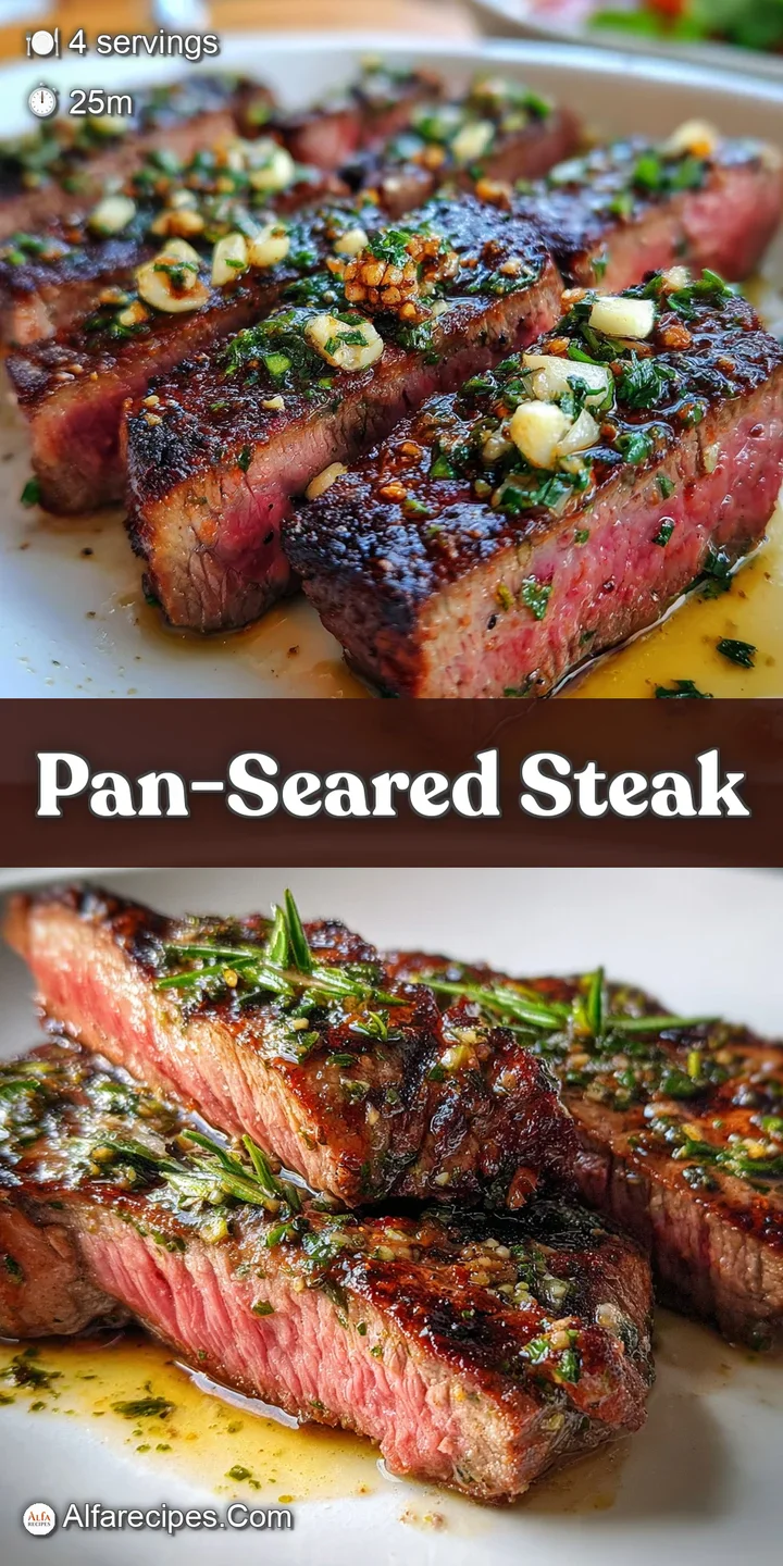 Close-up shot of a tender steak slice, glistening with buttery juices and flecked with fragrant garlic bits.