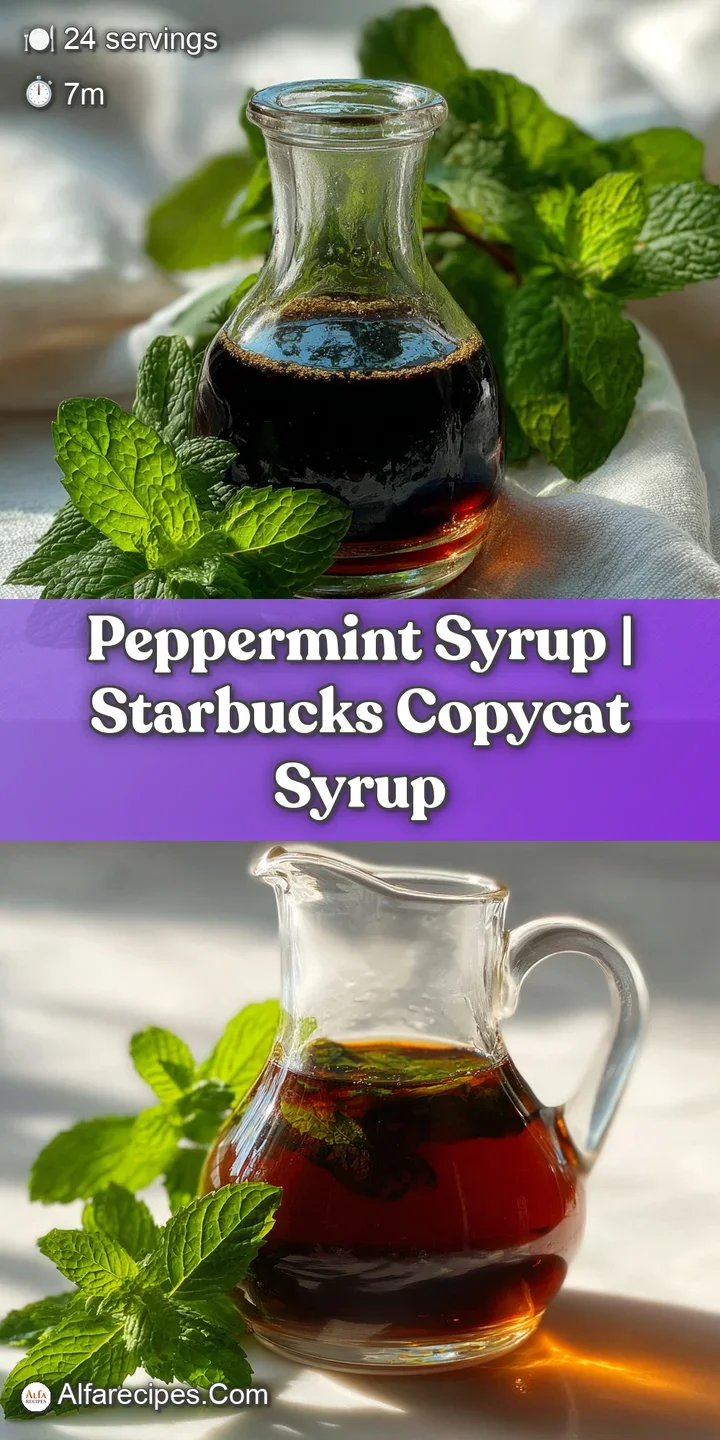 Close-up of shimmering, translucent peppermint syrup in a clear glass; vibrant green mint leaves peek through, promising c...