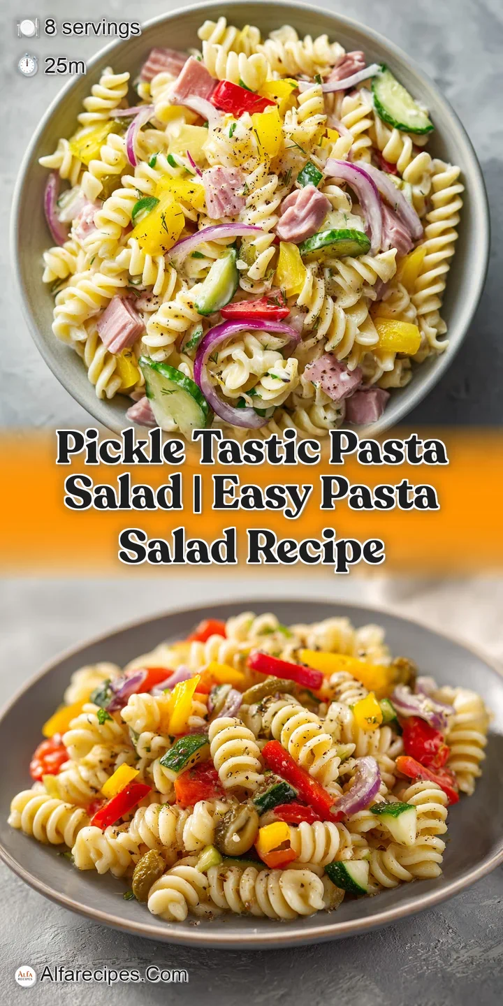 Close-up of creamy pasta coated in dressing, studded with tangy pickle chunks and sharp cheddar cubes.