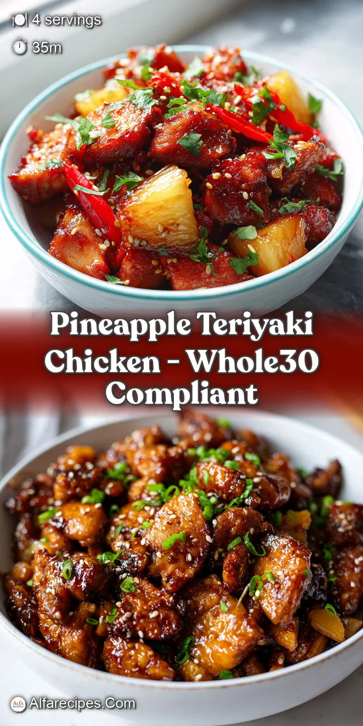 Close-up of glistening, sticky teriyaki chicken and caramelized pineapple. Hints of sesame and scallions create depth.