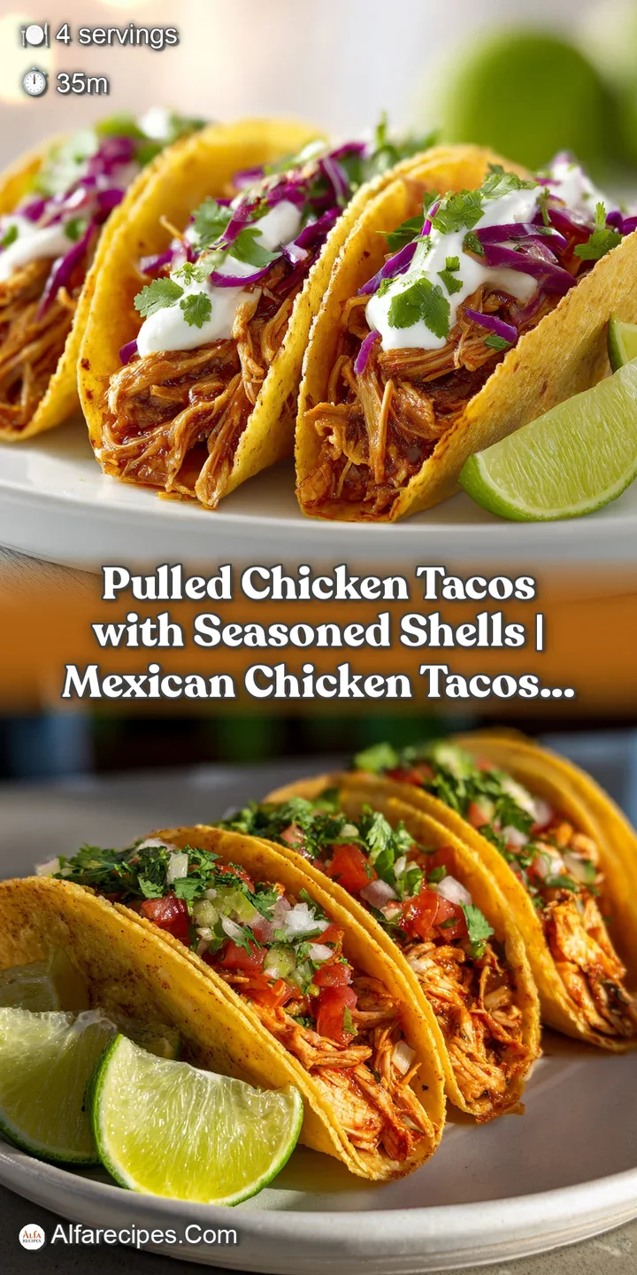 Close-up of tender, saucy pulled chicken spilling from a seasoned taco shell with a dollop of sour cream.