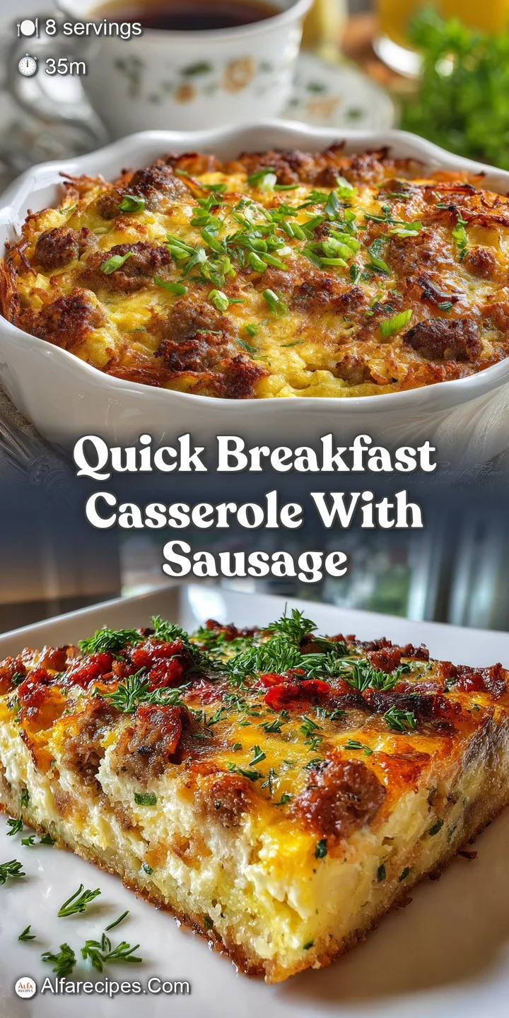 Close-up of a breakfast casserole showcasing the textures of the sausage and golden-brown crust. Bubbling, and fresh gree...
