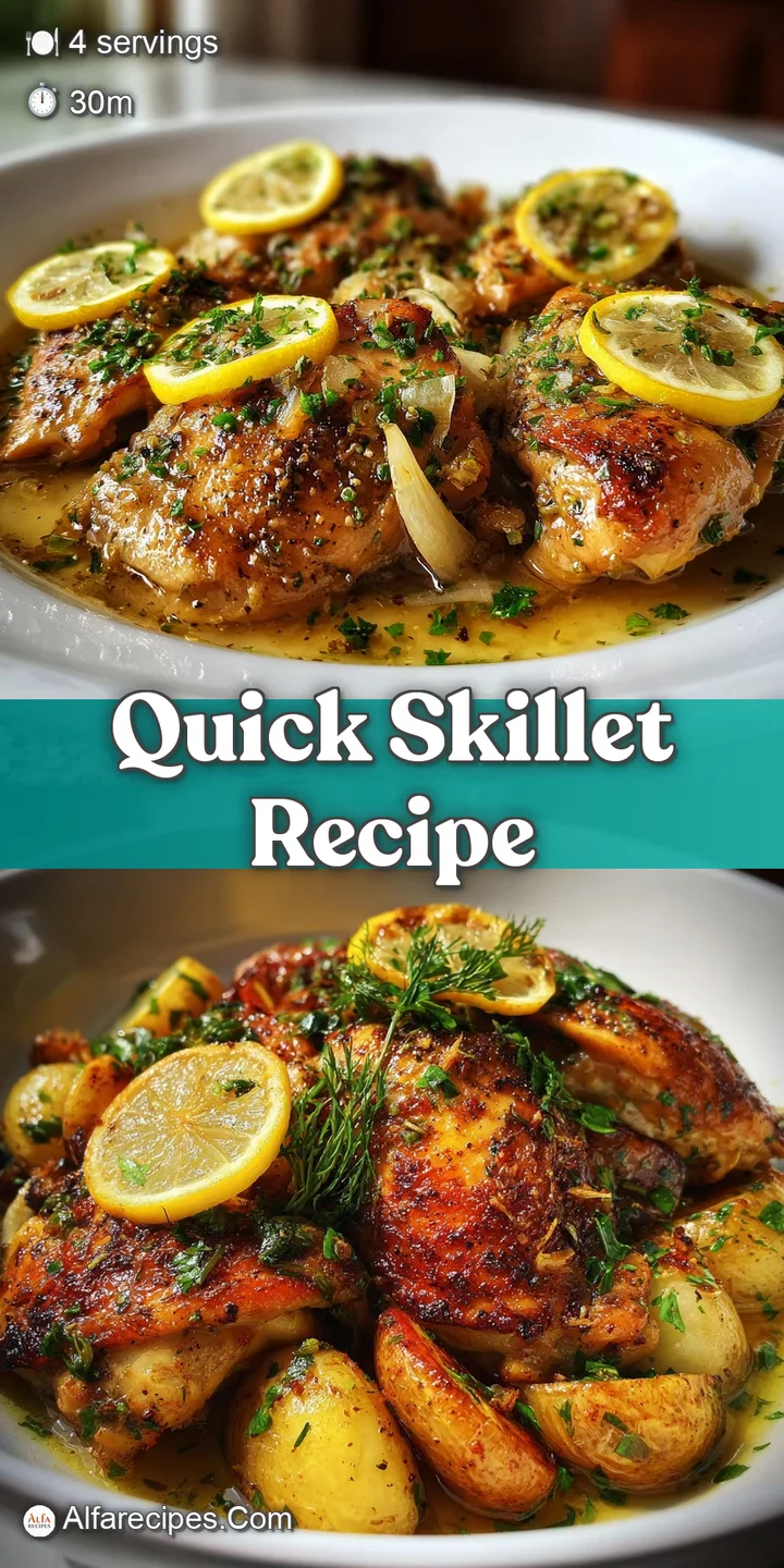 Close-up of a juicy chicken thigh with crispy skin, bathed in a bright, glistening lemon-garlic sauce. Aromas are evident.