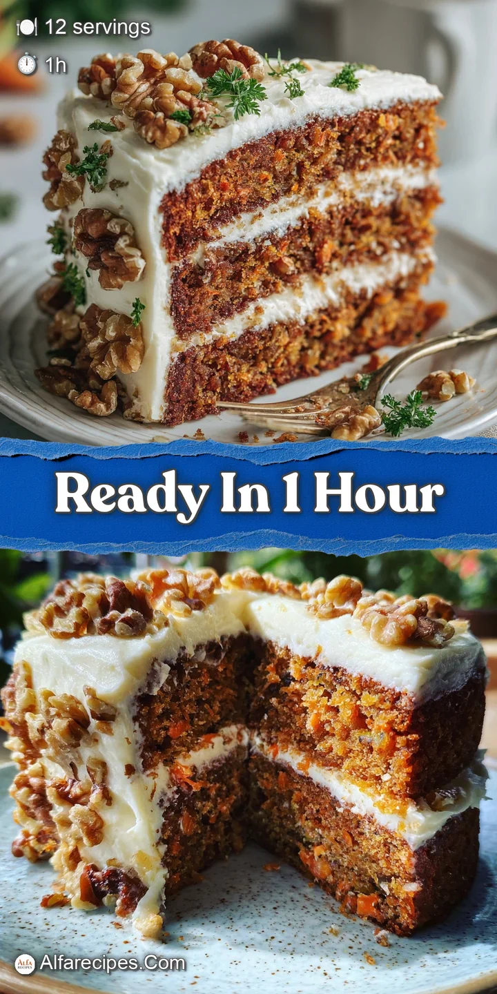 Close-up of moist carrot cake. Visible spice flecks, a thick layer of cream cheese frosting, and crunchy walnut pieces. Ut...