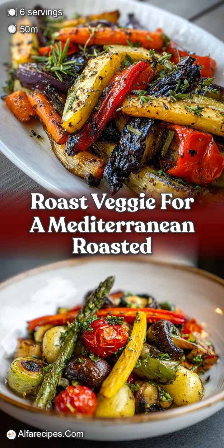 Close-up captures the glistening, caramelized texture of roasted Mediterranean vegetables. Rich colors & fragrant herbs en...
