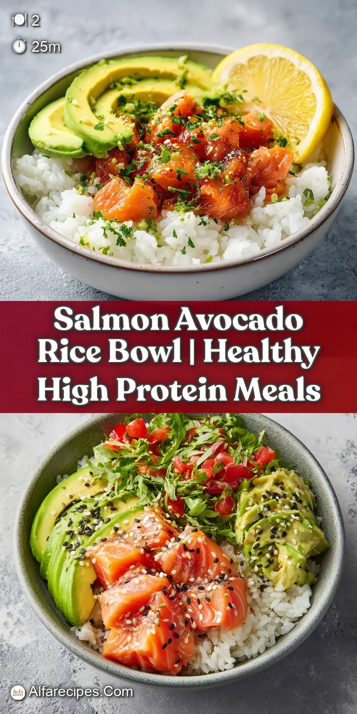 Close-up of salmon and avocado rice bowl. Flaky salmon glistens, set against creamy avocado and fluffy rice. Sesame seeds ...