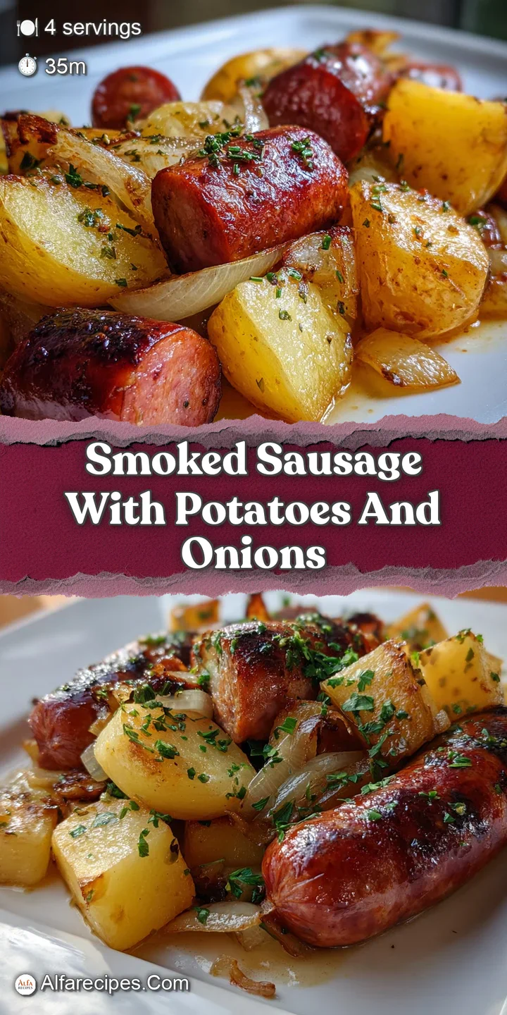 Close-up of glistening smoked sausage and potatoes, with charred bits and soft onions, a hearty, comforting one-pan meal.