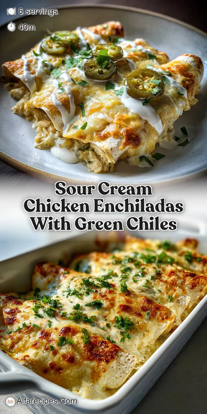 Close-up of a cheesy, creamy chicken enchilada oozing with melted cheese and dotted with bright green chiles.