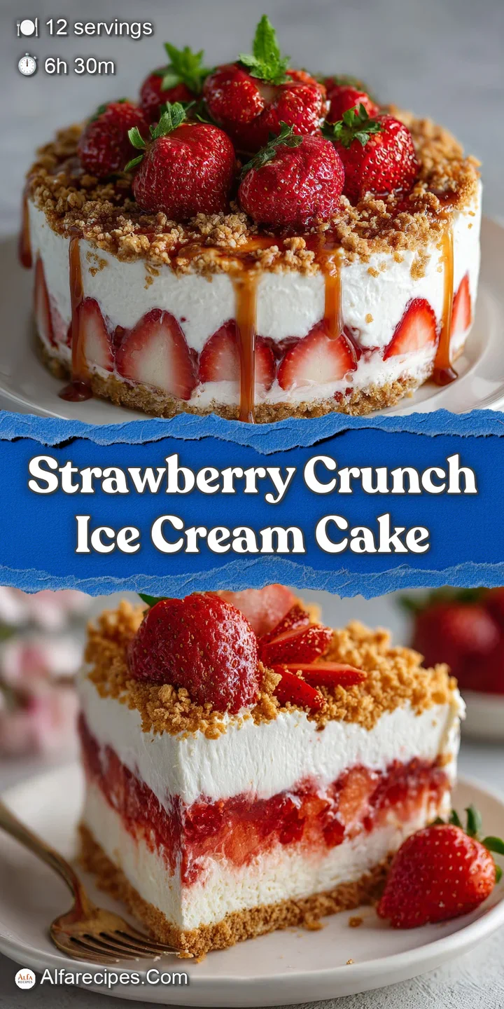 Close-up of a Strawberry Crunch Ice Cream Cake featuring textured, crunchy topping and a smooth, cool ice cream filling.