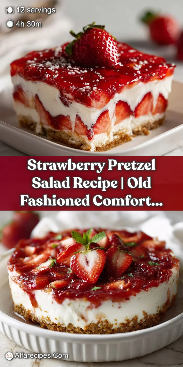 Close-up of strawberry pretzel salad. See the glistening strawberries suspended in jelly over a creamy, whipped layer and ...