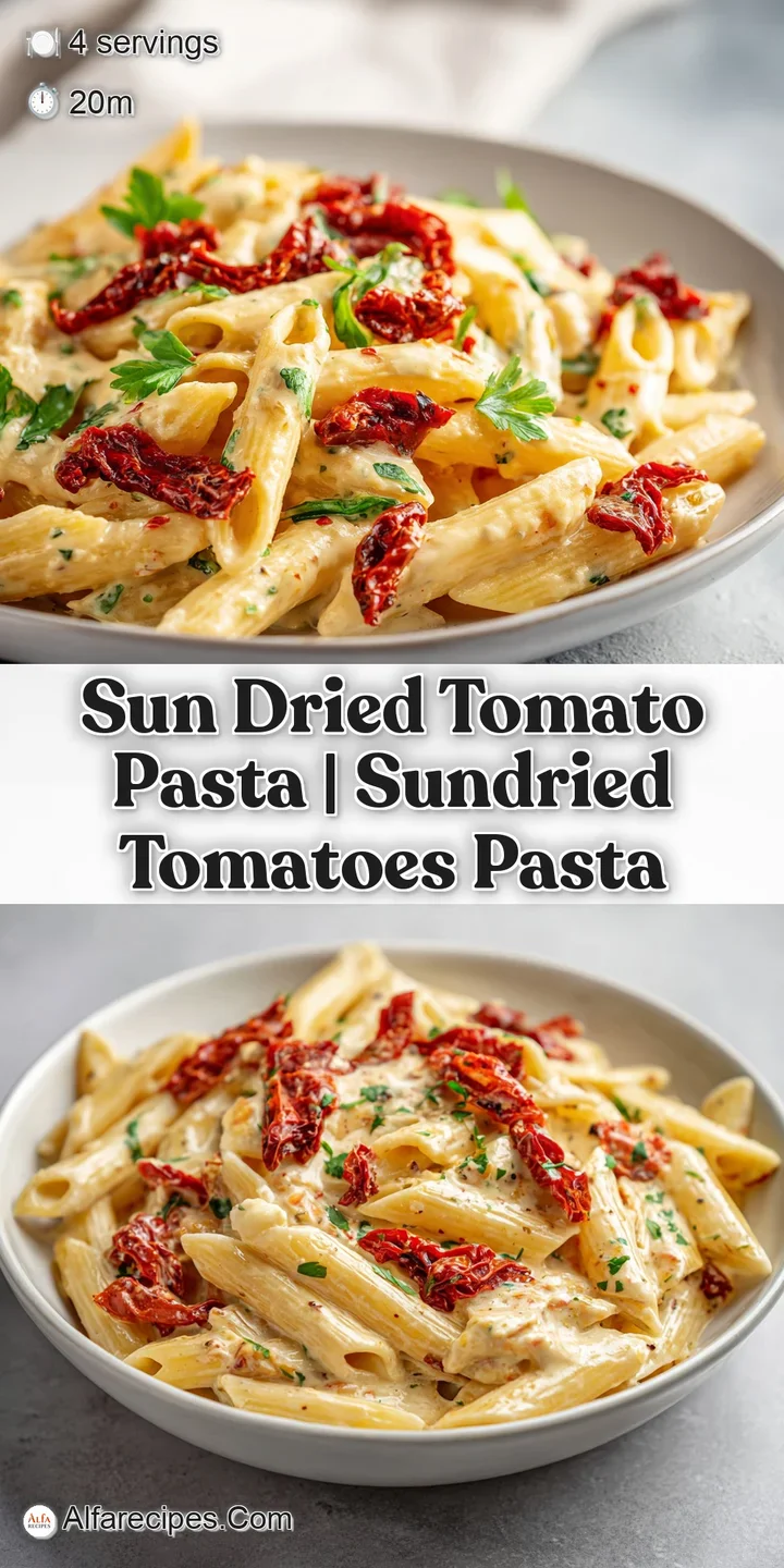 Extreme close-up of glossy red sauce clinging to pasta, showing texture of sun-dried tomatoes and melted cheese.