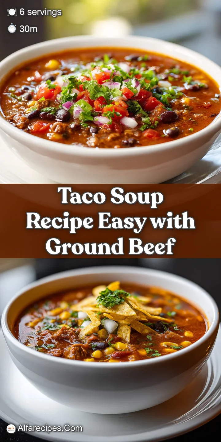 A close-up shot of hearty taco soup: a spoon dips into a savory blend of seasoned beef, plump beans, and juicy tomatoes.