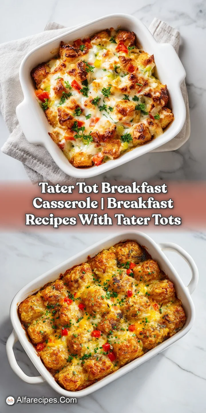 Close-up of crispy tater tots topping a rich, cheesy breakfast casserole with visible sausage pieces.