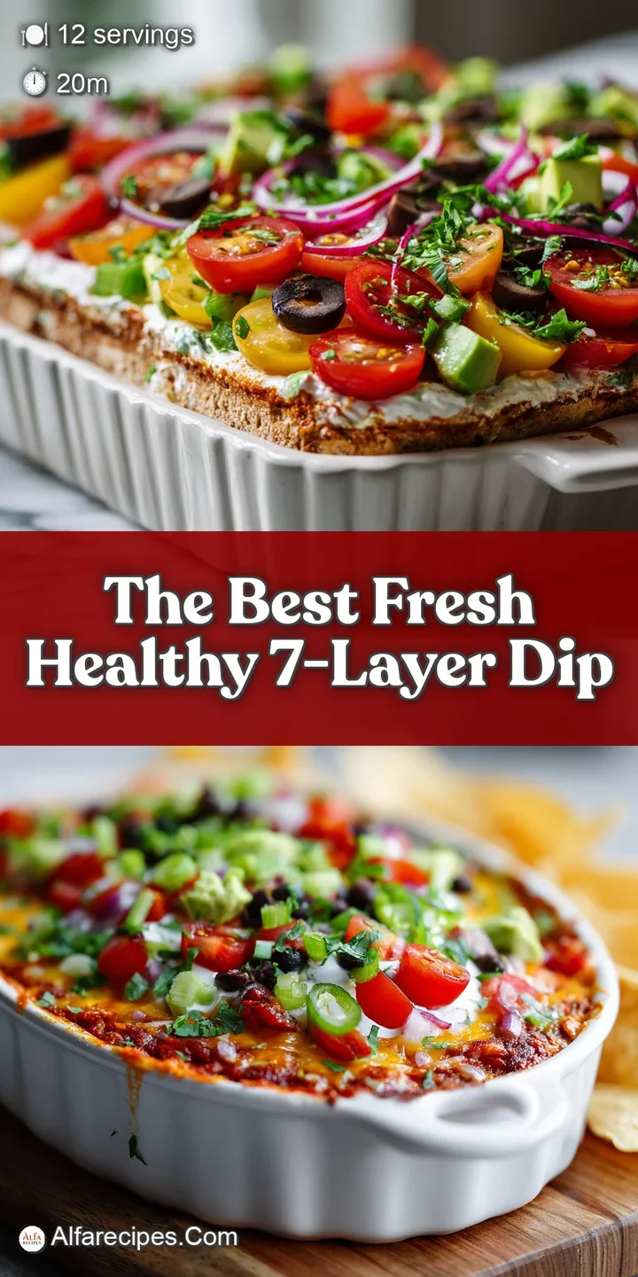 Close-up of a 7-layer dip revealing textures of chunky salsa, cool sour cream, and creamy guacamole with sprinkled green o...