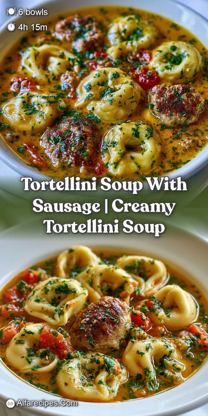 Close-up of a golden-brown sausage crumble and soft pasta ring submerged in a thick, steaming cream-based soup.