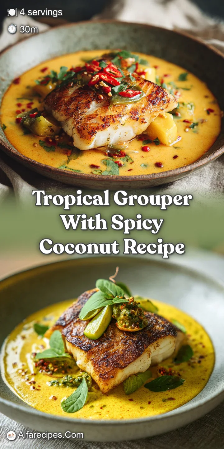 Close-up of tender grouper bathed in a luscious, spicy coconut sauce, hinting at the vibrant flavors and moist, flaky text...