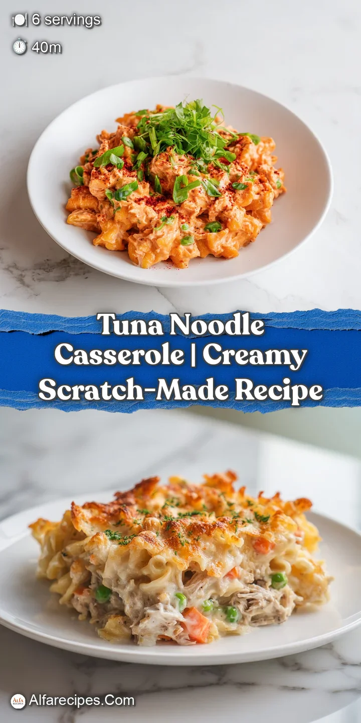 A close-up of creamy tuna noodles with flaky tuna pieces, topped with a savory, golden-brown crust.