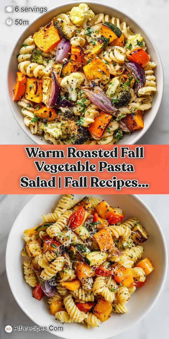 Close-up of tender roasted butternut squash and bell peppers mixed with pasta and fresh green herbs.