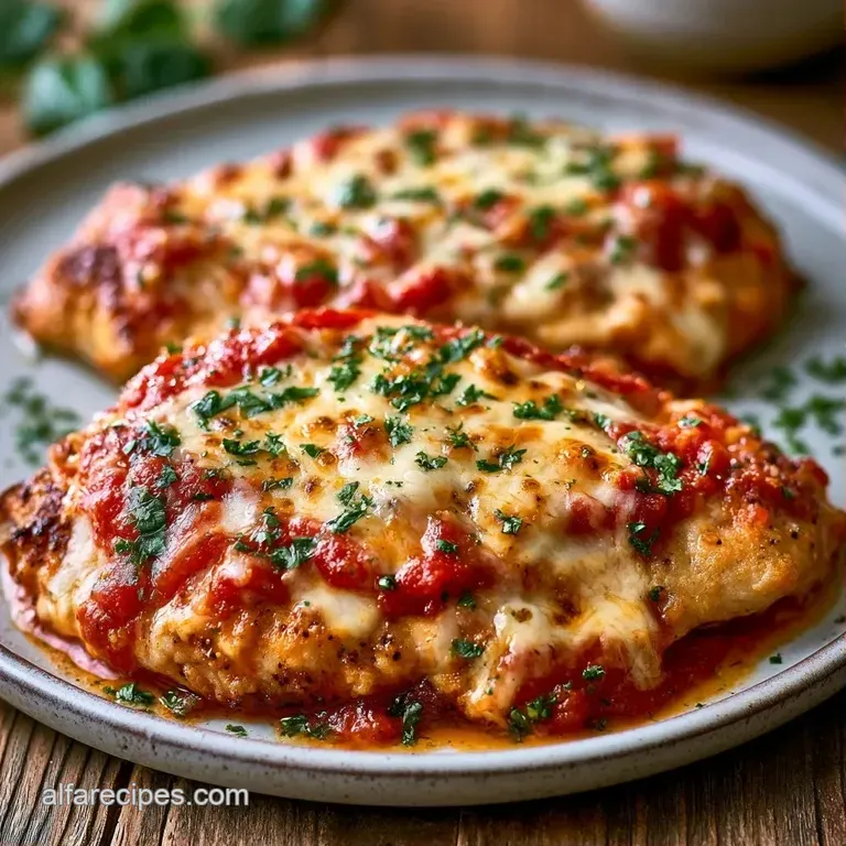 Breaded chicken breast topped with melted white cheese and basil, plated beside a neat swirl of al dente pasta