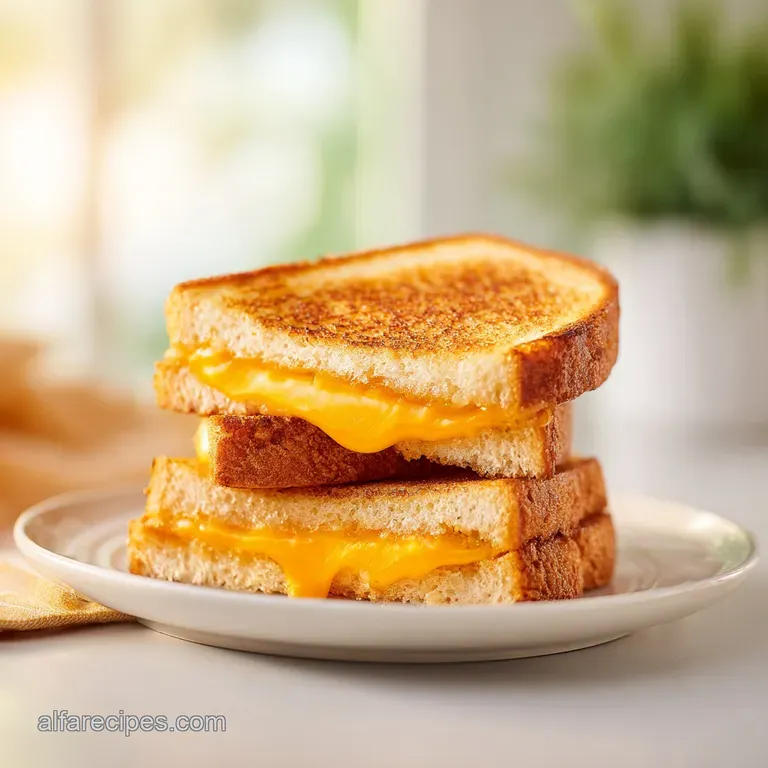 Perfectly grilled cheese sandwich, cut in half to reveal gooey, melted cheddar, artfully plated.