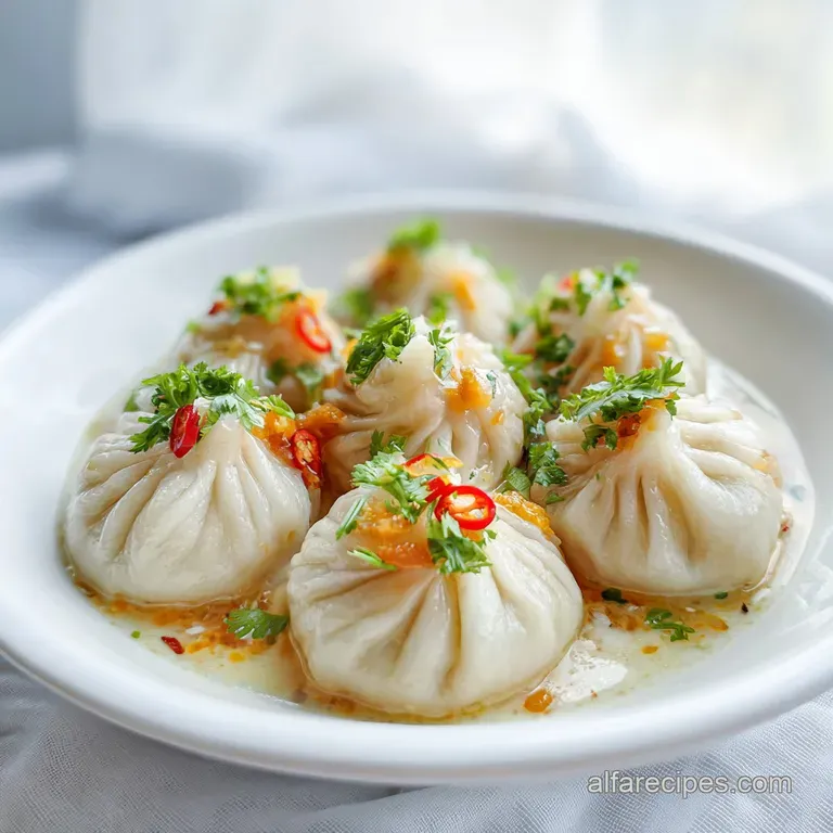 Delicately arranged steamed dumplings in a bamboo steamer, topped with fresh cilantro and a side of spicy chili sauce.