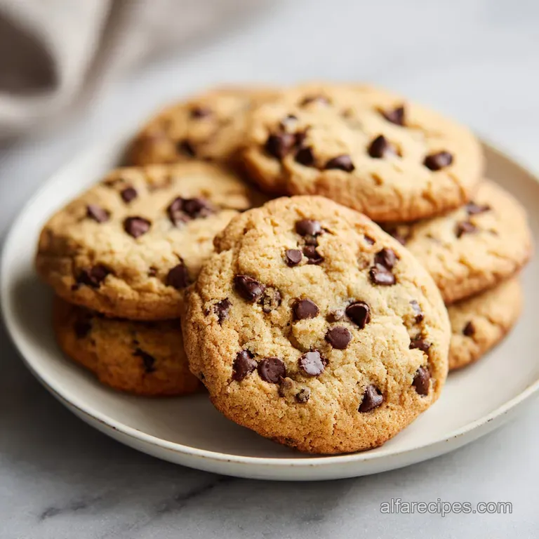 Stack of warm chocolate chip cookies, glistening with melted chocolate, served on a white plate with a tall glass of milk.