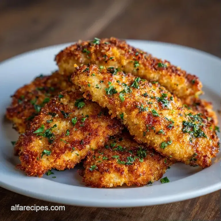 Crispy breaded chicken tenders stacked neatly beside a small bowl of honey mustard and a sprig of fresh parsley.