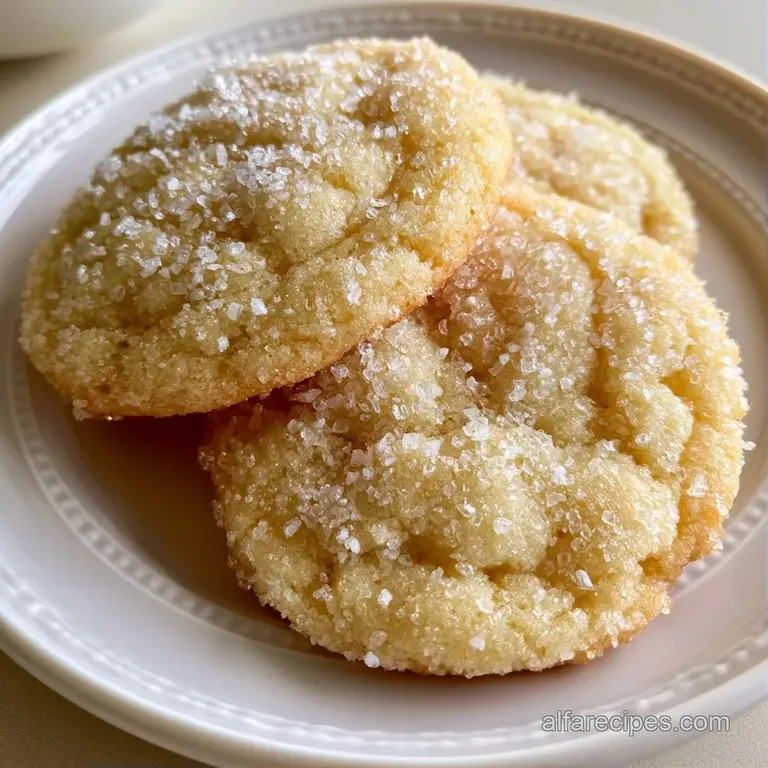 Pale yellow cookies arranged on a white plate, accented by fresh lemon slices and a light dusting of sugar.