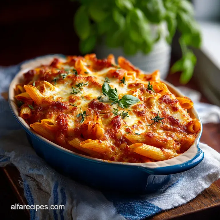 A generous scoop of cheesy baked ziti, topped with fresh parsley, on a rustic white plate.