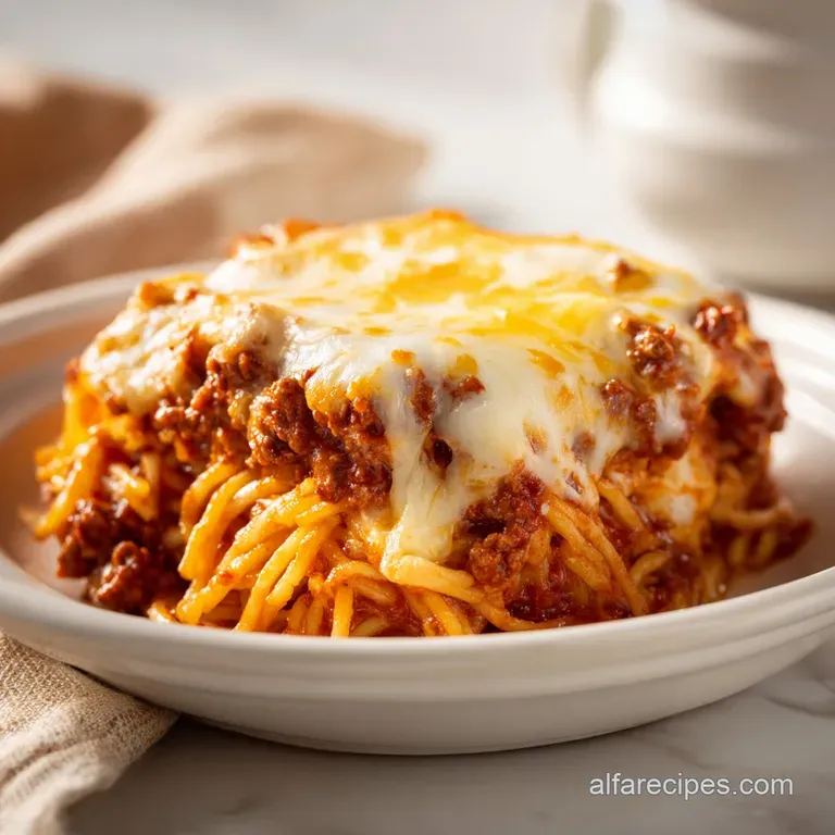 A square slice of cheesy pasta on a white plate, garnished with fresh green basil leaves and grated parmesan.