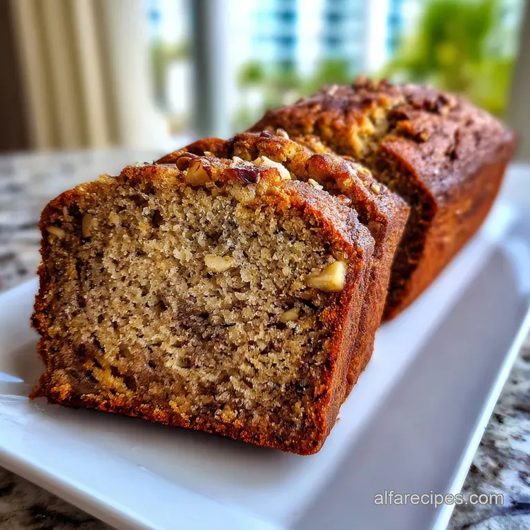 Slice of moist banana nut bread on a white plate, beside a pat of butter. Crumbly texture, inviting warm color and fresh a...