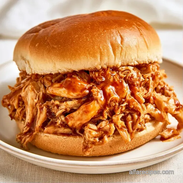 Golden toasted buns piled high with juicy shredded meat, served on a white plate with a side of crisp slaw.