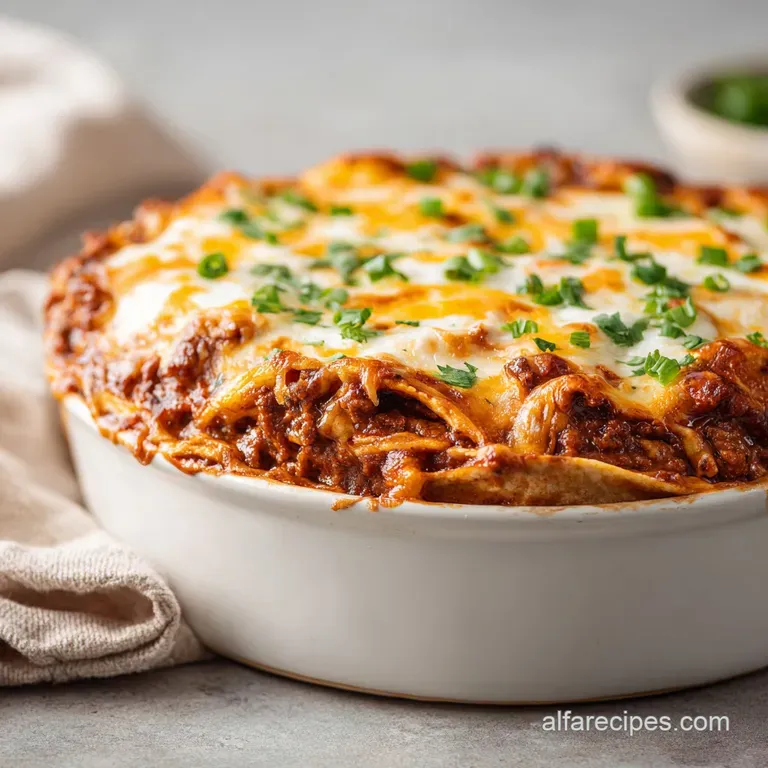 A generous portion of enchilada casserole, rich red sauce, and melted cheese, artfully plated.