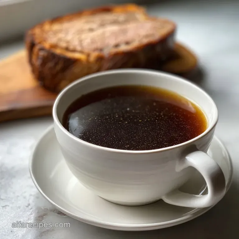 Thinly sliced prime rib drizzled with deep brown au jus, pooling on a white plate, ready to be enjoyed.