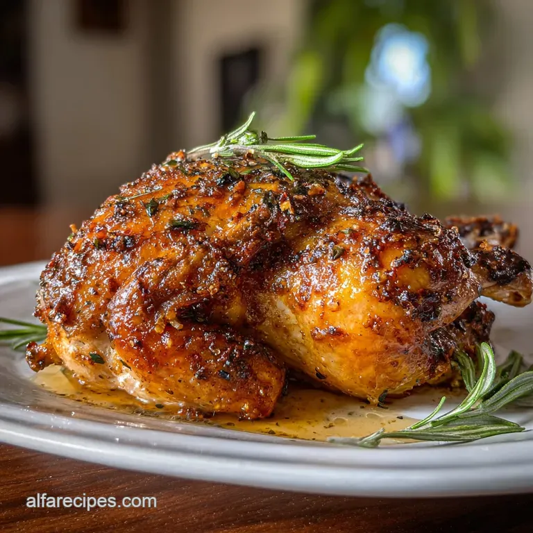 Elegant Cornish hen plated with vibrant greens and lemon wedges. Perfect golden crisp skin, a delicious single serving.