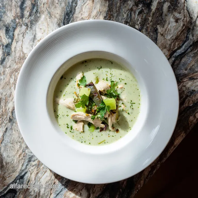 Steaming bowl of rich tortilla soup garnished with fresh cilantro, lime wedge, and vibrant green poblano peppers.