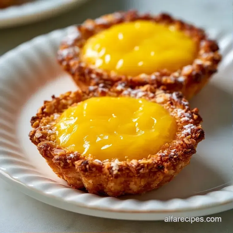 Trio of bright yellow citrus pastries on a white plate, garnished with fresh green mint and zesty lemon curls.