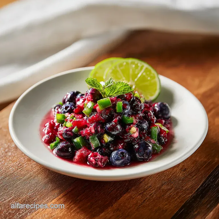Bright blueberry salsa spooned over grilled fish, its contrasting textures and colors creating an appealing gourmet dish p...