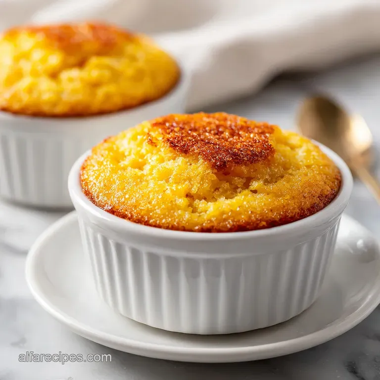 A scoop of warm corn pudding, glistening with melted butter, served alongside grilled steak.