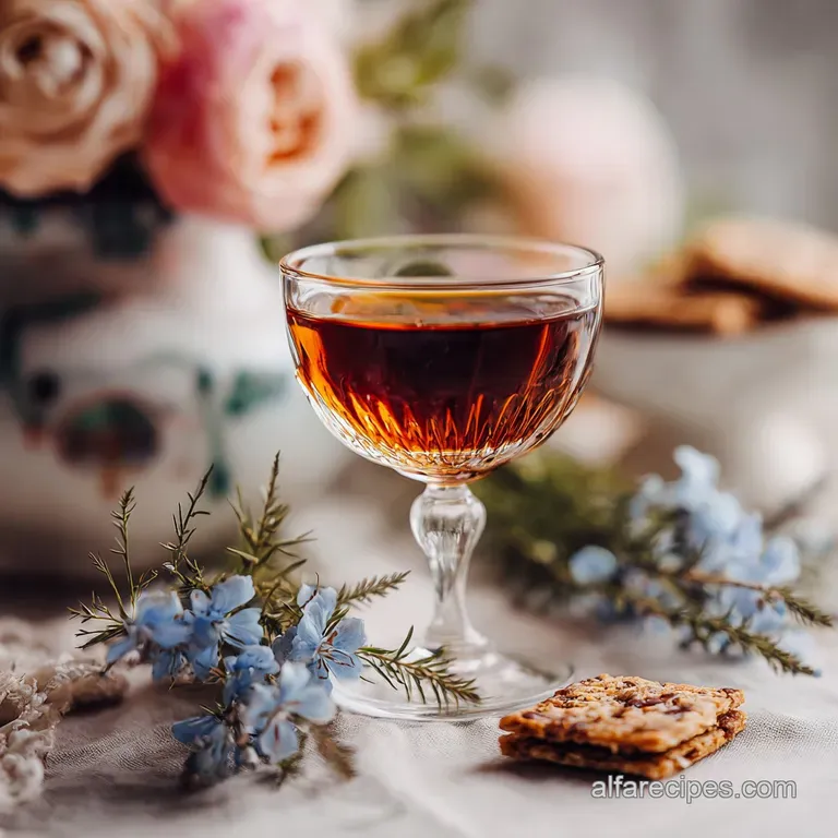 Elegant Manhattan cocktail served in a stemmed glass on a dark wood surface. Condensation clinging, inviting a cool and re...