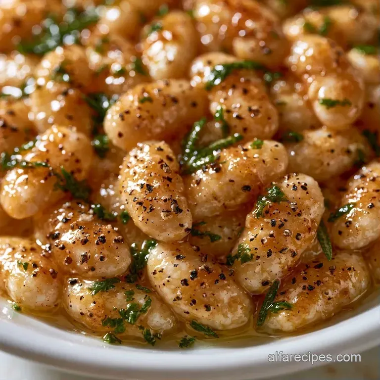 Elegant white bowl of creamy white beans topped with cracked black pepper and parsley on a dark wooden table.