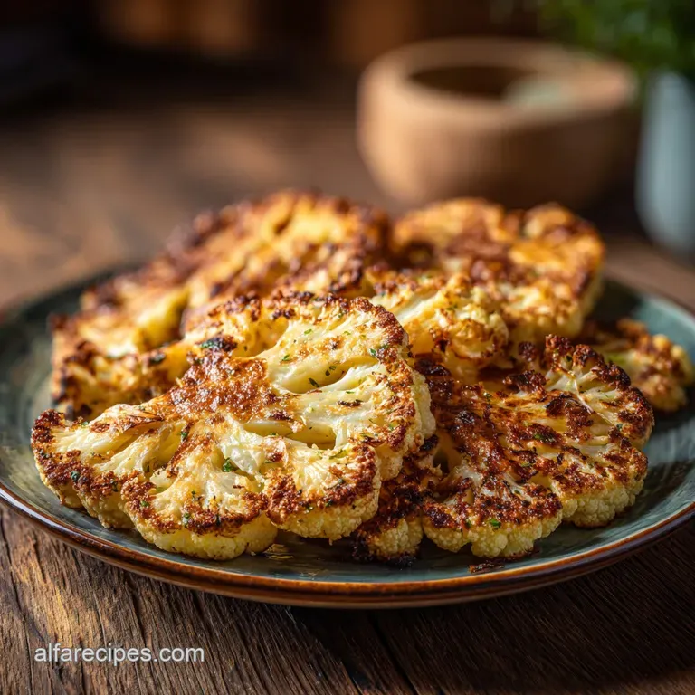 Cheesy cauliflower steak served on a white plate. Garnish of fresh herbs adds color to the rich dish.