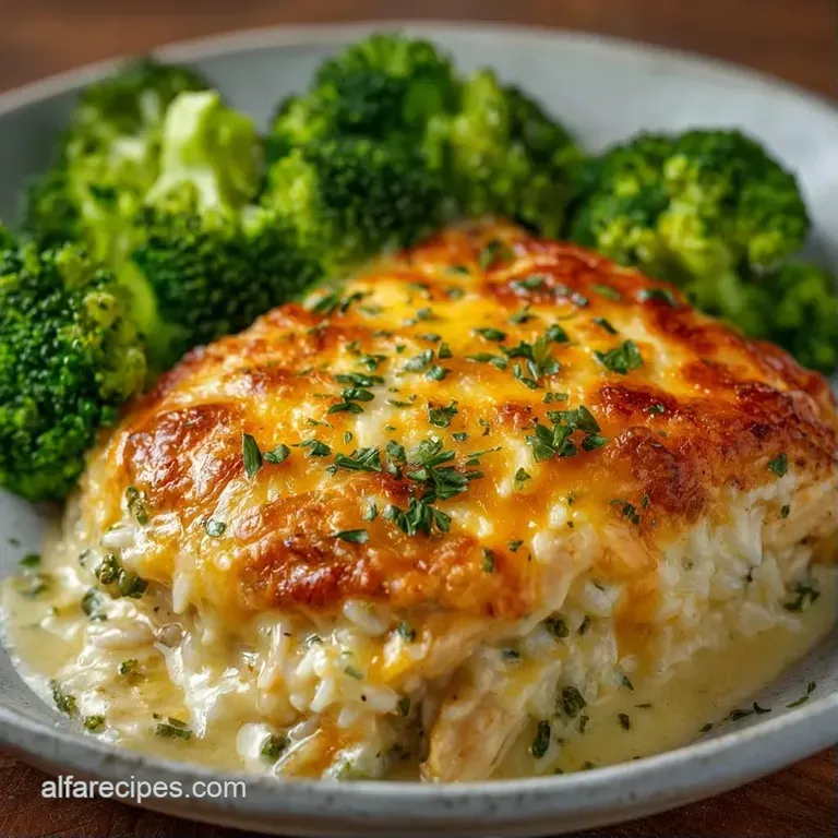 A generous scoop of creamy chicken and rice topped with melted cheese on a ceramic plate with a side of steamed peas.