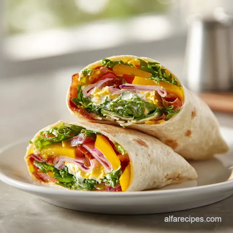 A neatly sliced wrap revealing colorful layers of turkey, ham, and fresh greens, artfully presented on a white plate.