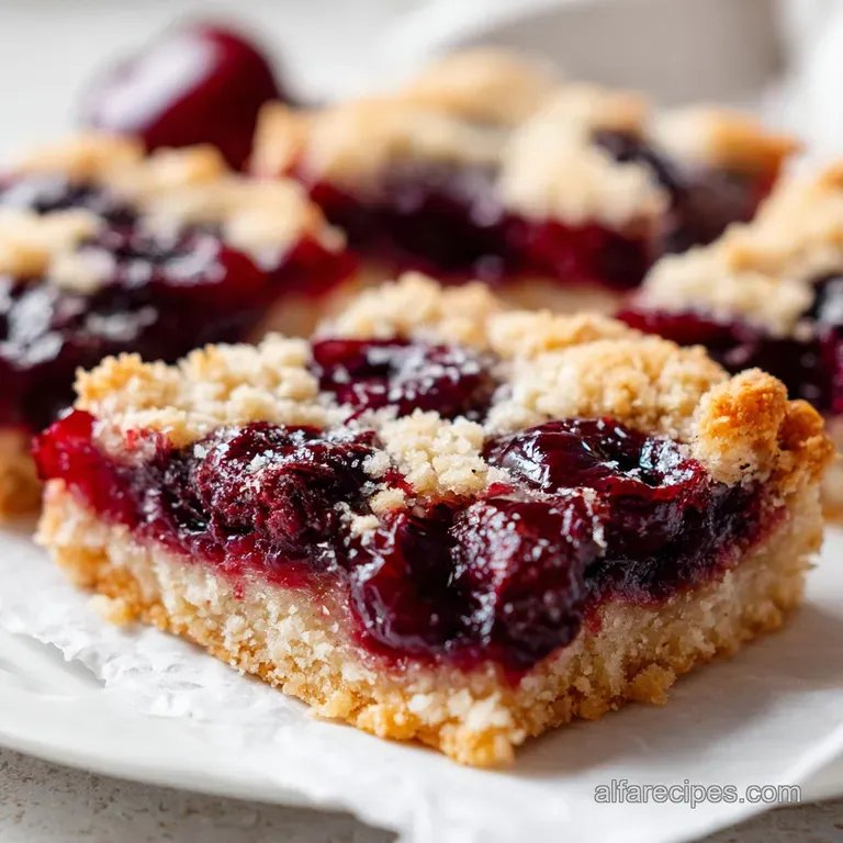 A slice of cherry pie bar with smooth vanilla glaze artfully arranged on a white plate with scattered fresh cherries.