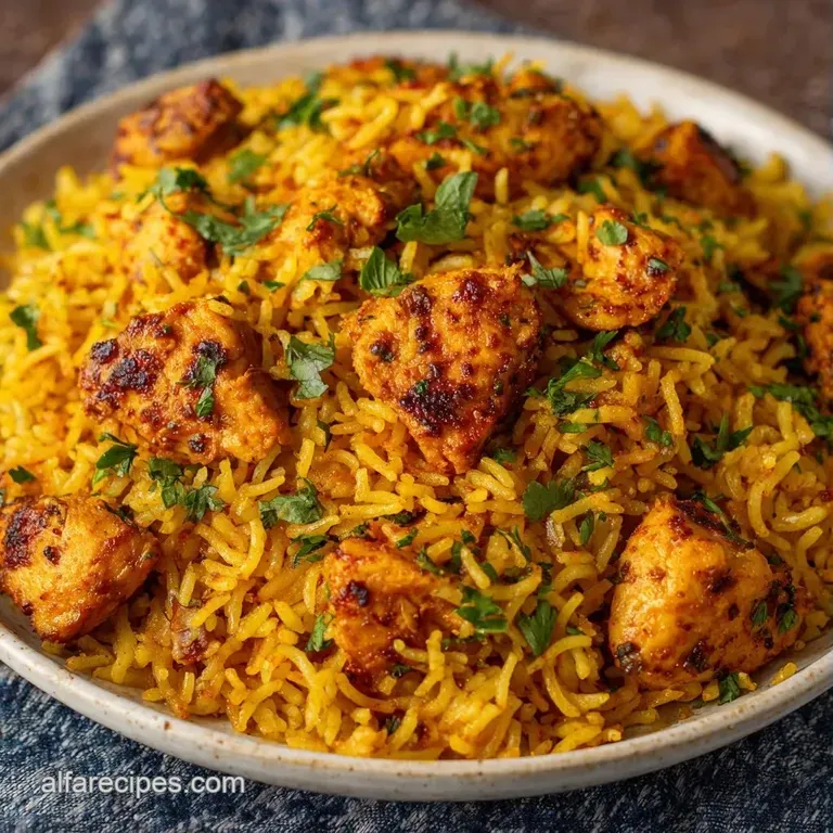 A heap of colorful long-grain rice with spiced chicken, topped with fresh cilantro and a side of cool white raita.