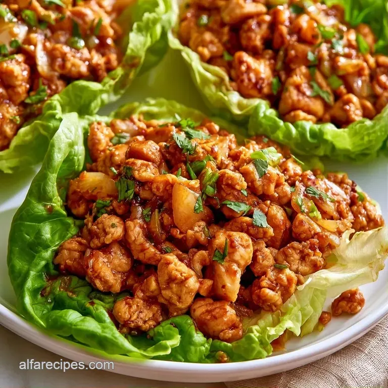 An array of fresh lettuce cups filled with golden-brown chicken, topped with sliced scallions and toasted sesame seeds.