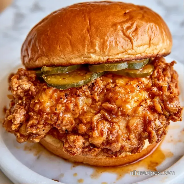 Crispy breaded chicken on a toasted buttery bun, plated on a white ceramic dish with a side of golden fries.