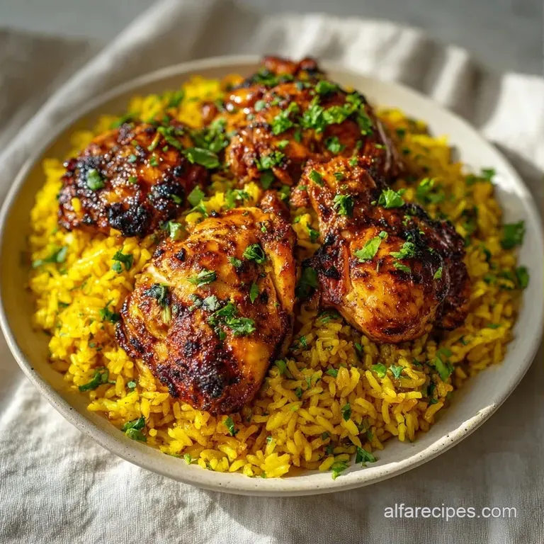Bright yellow fluffy rice topped with seared chicken, fresh parsley, and lemon slices on a white ceramic plate.