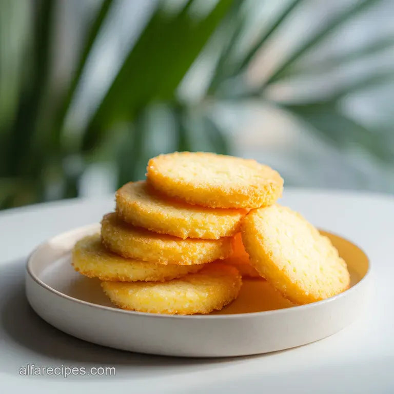 Crispy shortbread biscuits arranged artfully on a white plate with a dusting of powdered sugar.